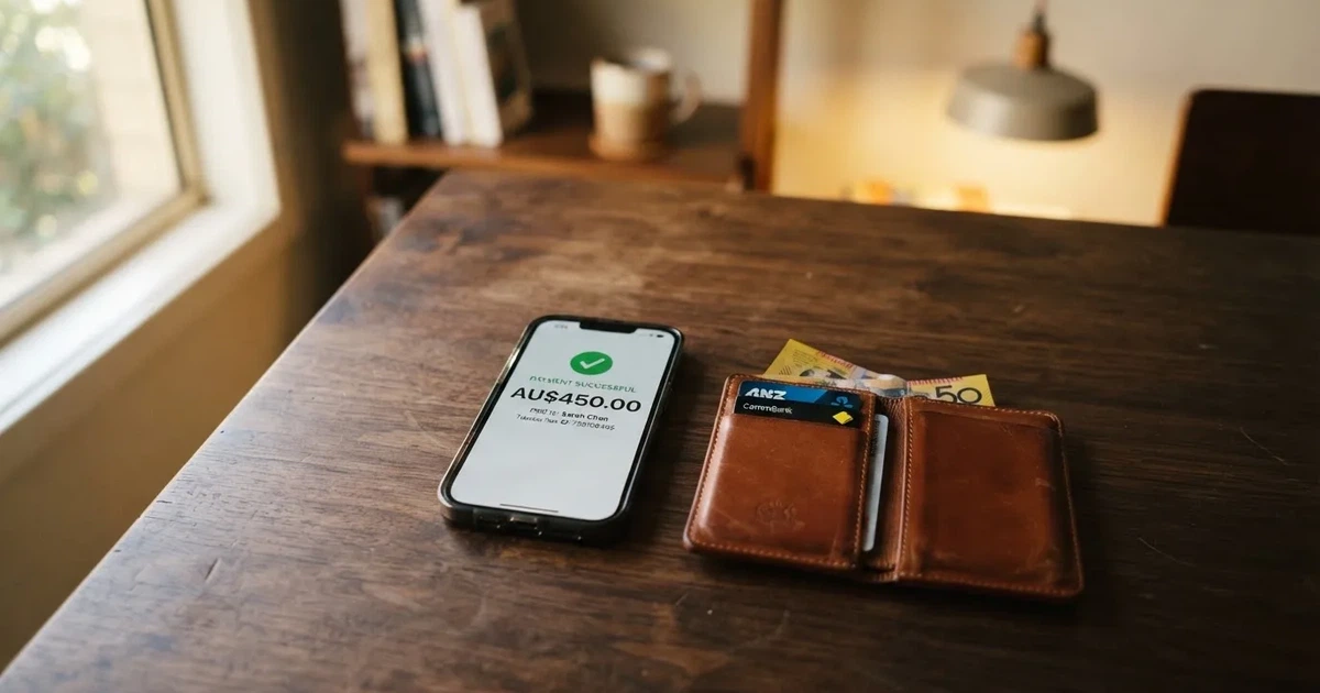 A phone screen showing a bank transfer confirmation, held next to a wallet on a table.