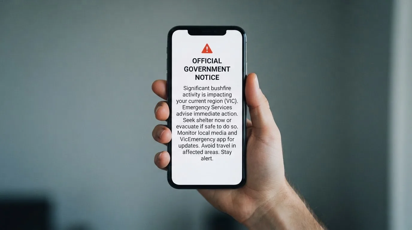 A smartphone screen showing a plain government warning notice about a blocked website, held against a blurred background.