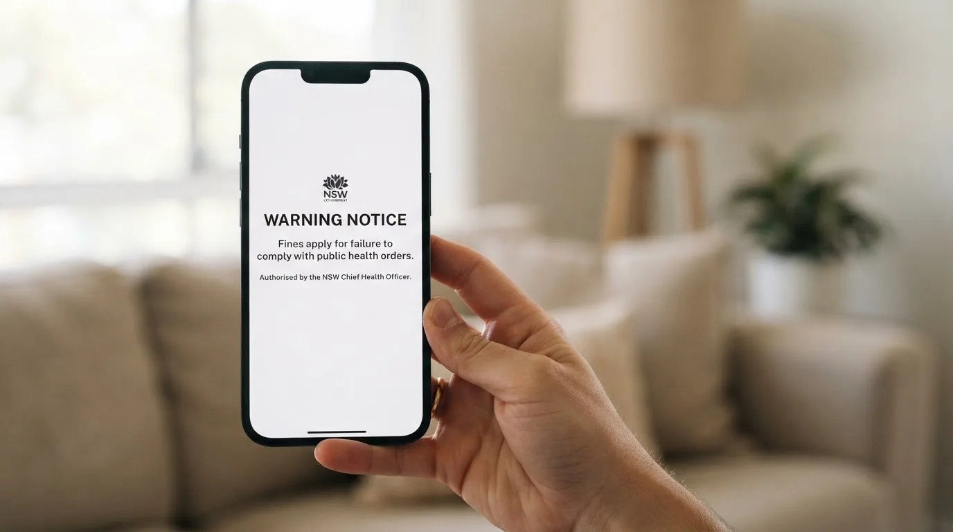A smartphone screen showing a plain government warning notice about a blocked website, held against a blurred background.