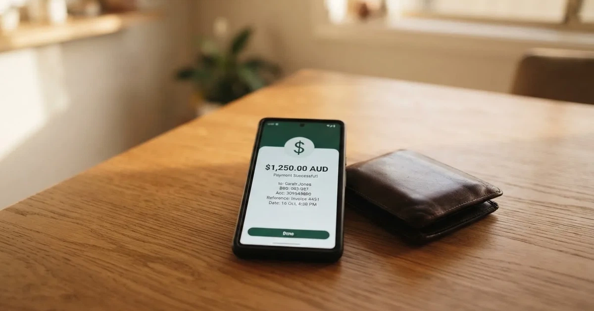 A phone screen showing a bank transfer confirmation, held next to a wallet on a table.