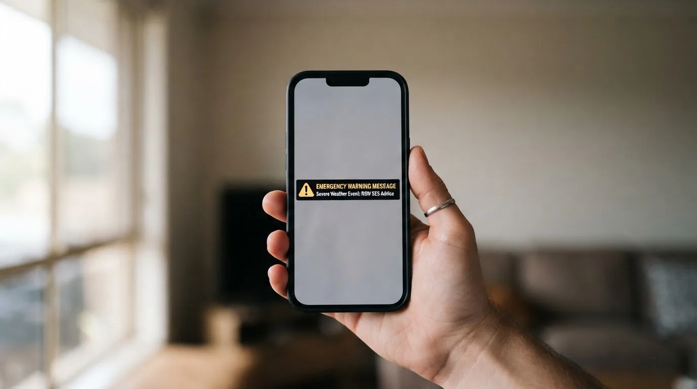 A smartphone screen showing a plain government warning notice about a blocked website, held against a blurred background.