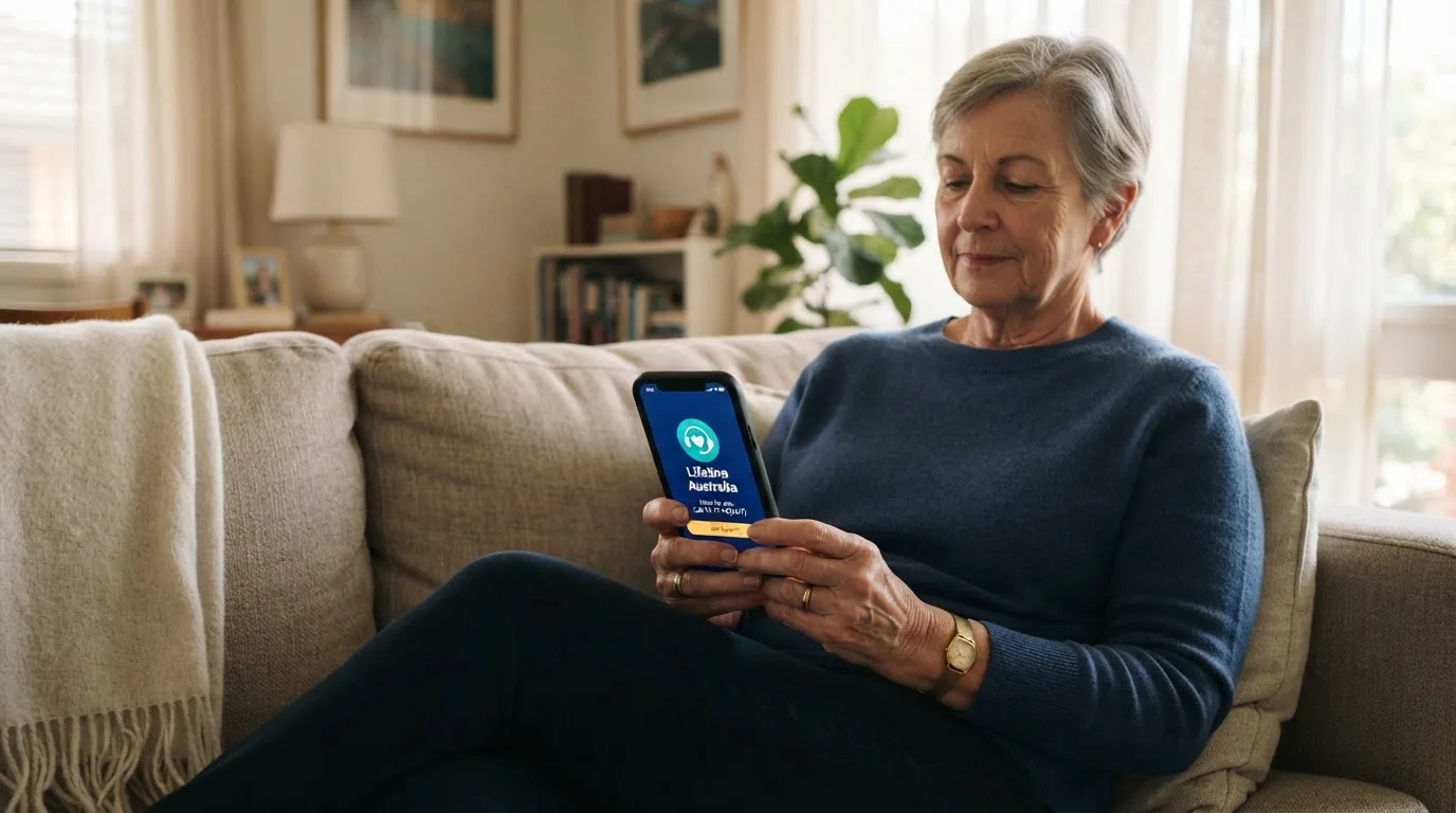 A person sitting calmly with a phone open to a support helpline page, no gaming screen visible.