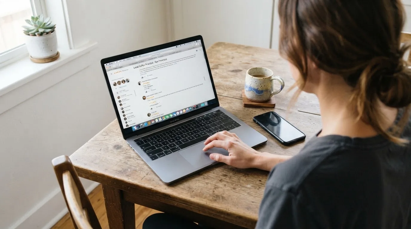 A person at a kitchen table scrolling through review pages on a laptop, phone face-down beside them.