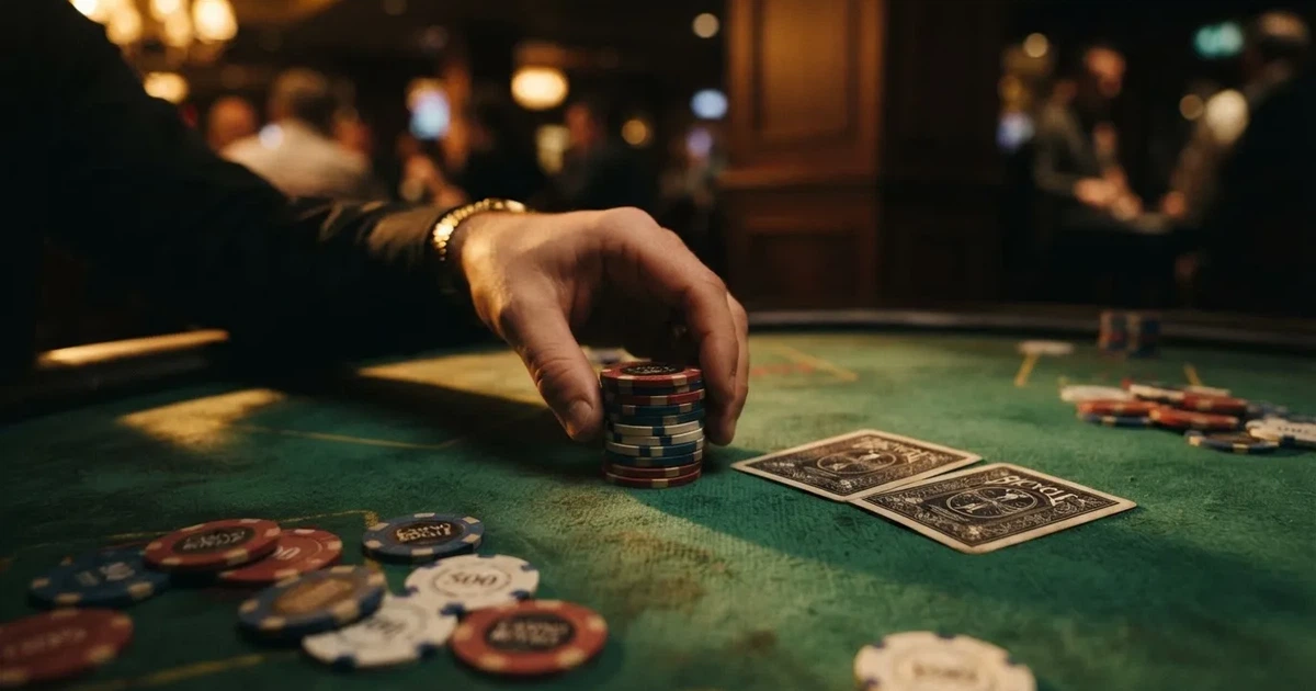 A close-up of a green felt gaming table with cards and chips mid-hand.