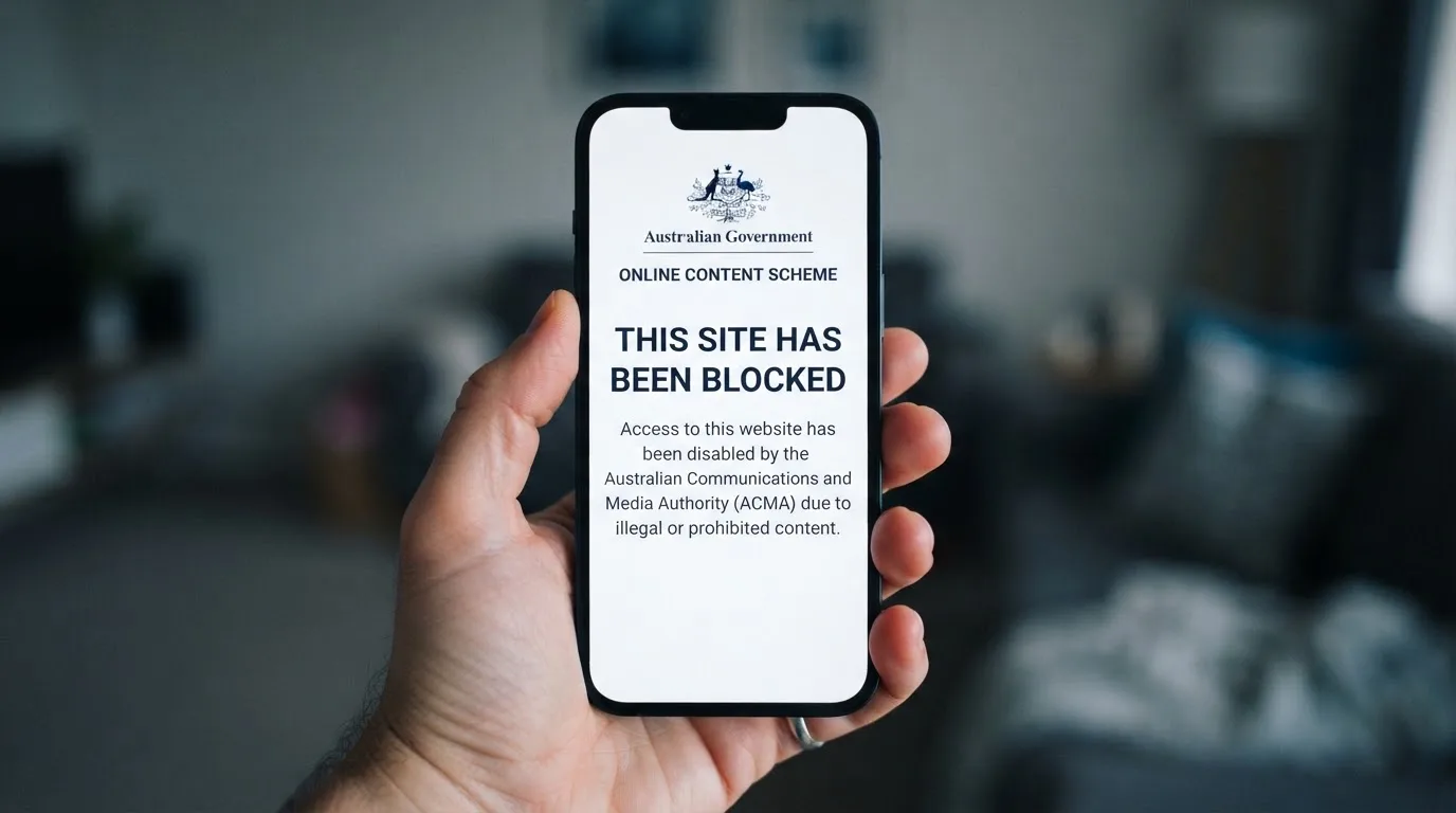 A smartphone screen showing a plain government warning notice about a blocked website, held against a blurred background.