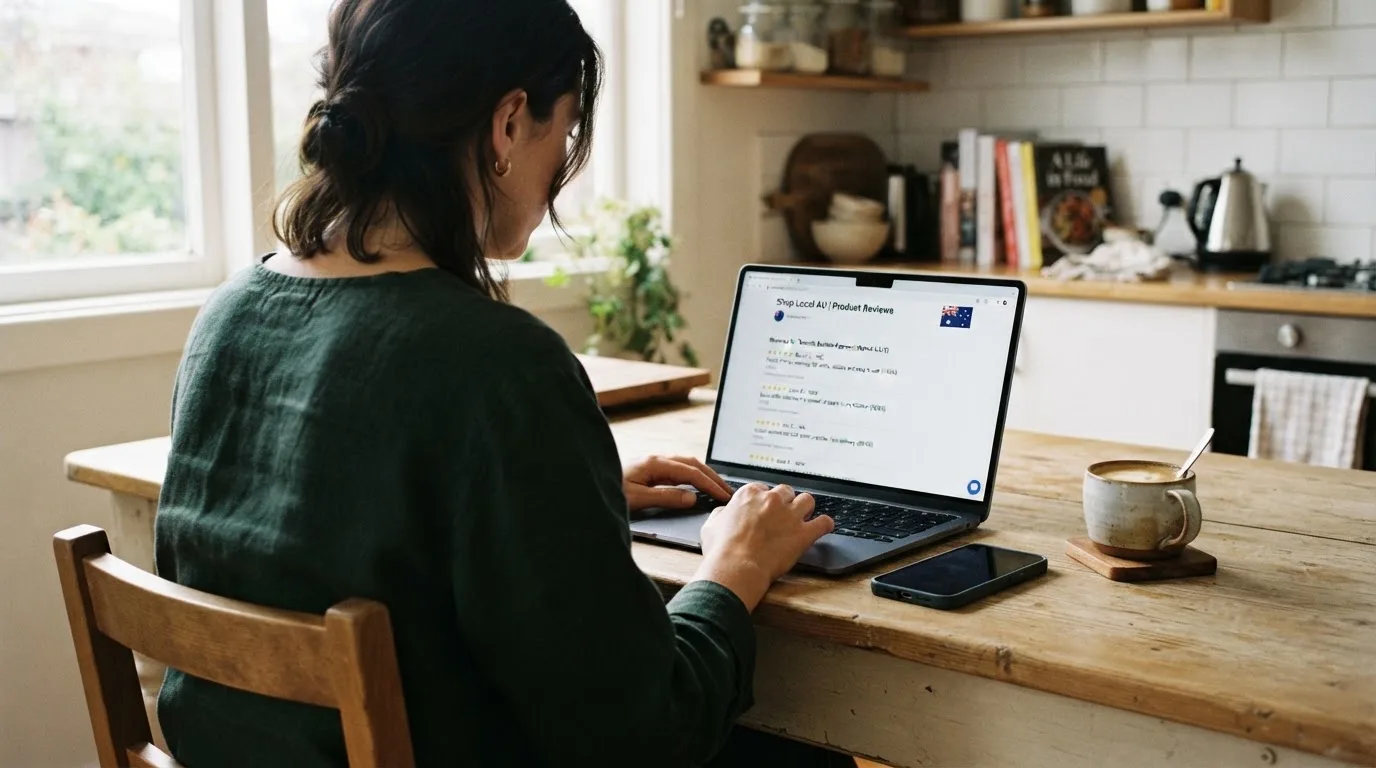 A person at a kitchen table scrolling through review pages on a laptop, phone face-down beside them.