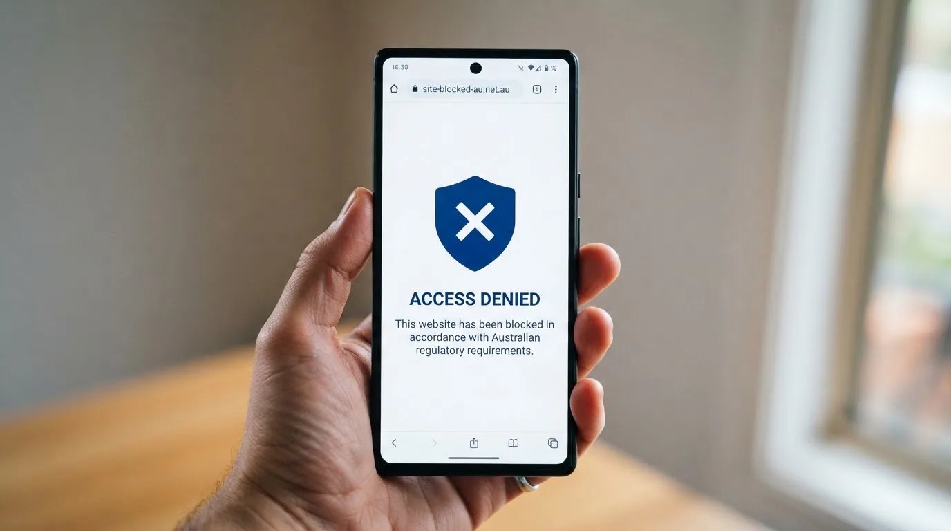 A smartphone screen showing a plain government warning notice about a blocked website, held against a blurred background.