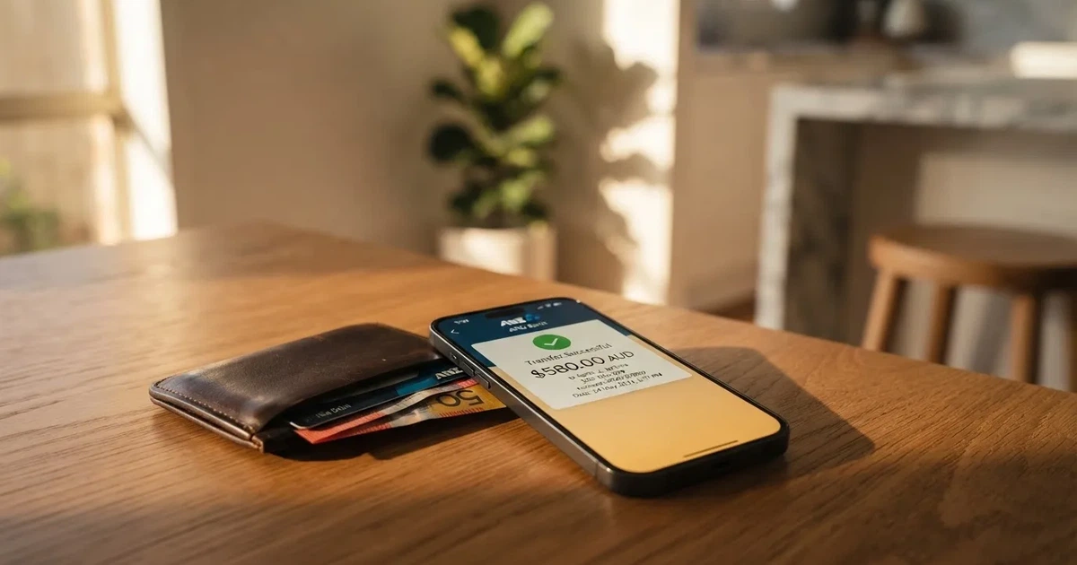 A phone screen showing a bank transfer confirmation, held next to a wallet on a table.