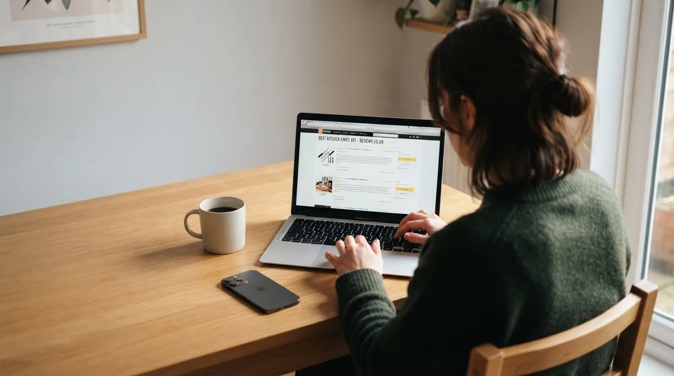 A person at a kitchen table scrolling through review pages on a laptop, phone face-down beside them.