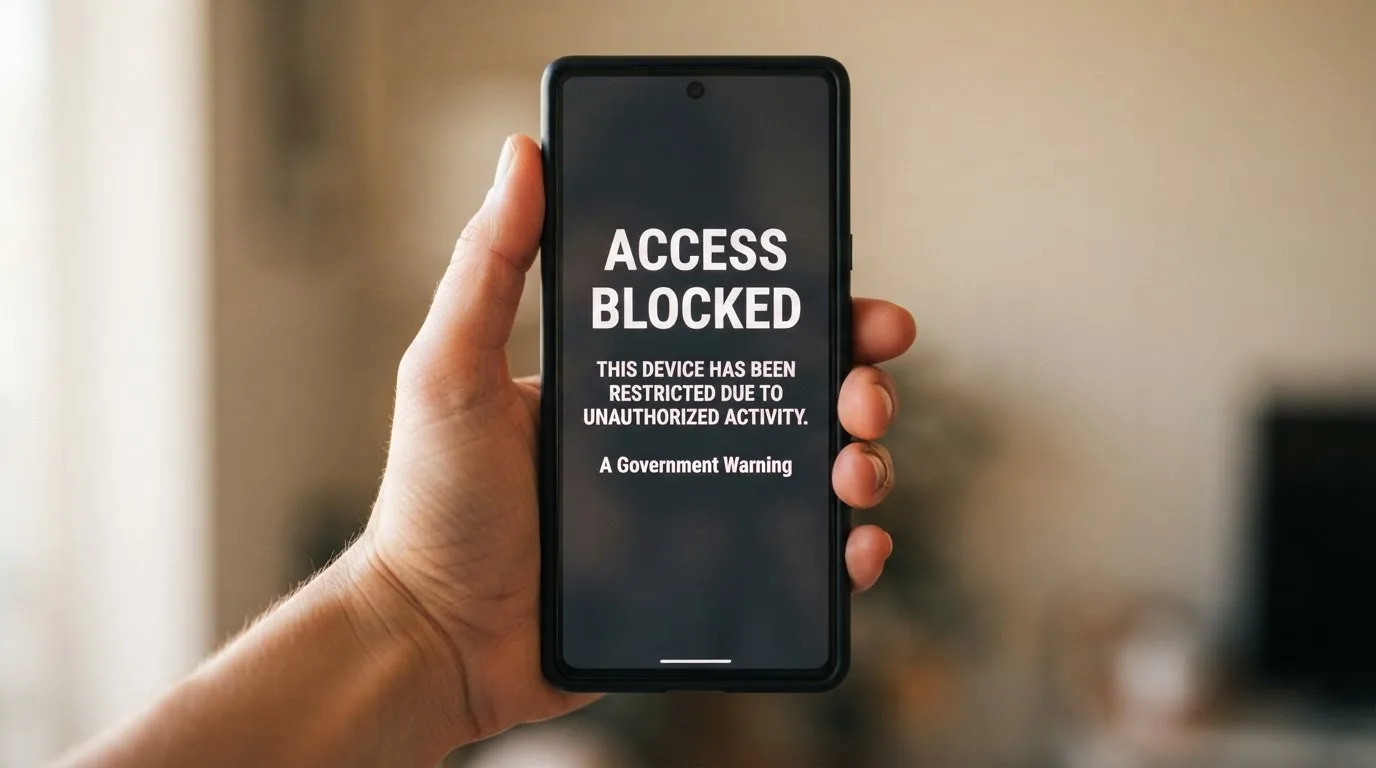A smartphone screen showing a plain government warning notice about a blocked website, held against a blurred background.