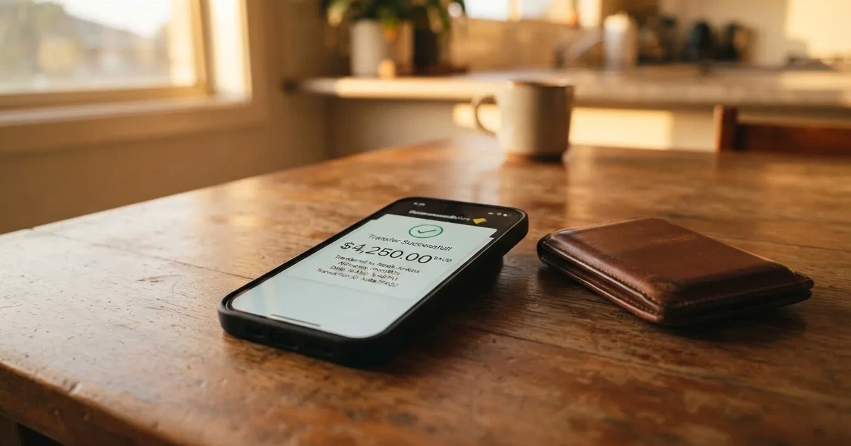 A phone screen showing a bank transfer confirmation, held next to a wallet on a table.