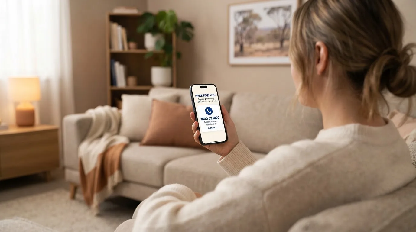 A person sitting calmly with a phone open to a support helpline page, no gaming screen visible.
