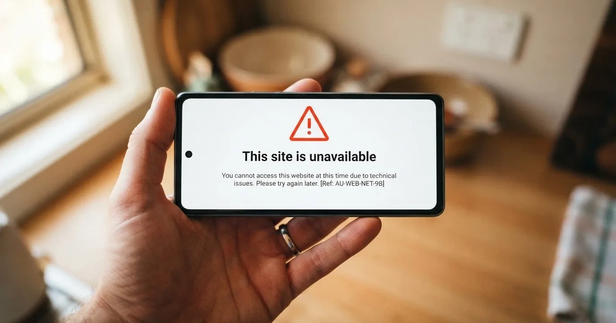 A smartphone screen showing a plain government warning notice about a blocked website, held against a blurred background.