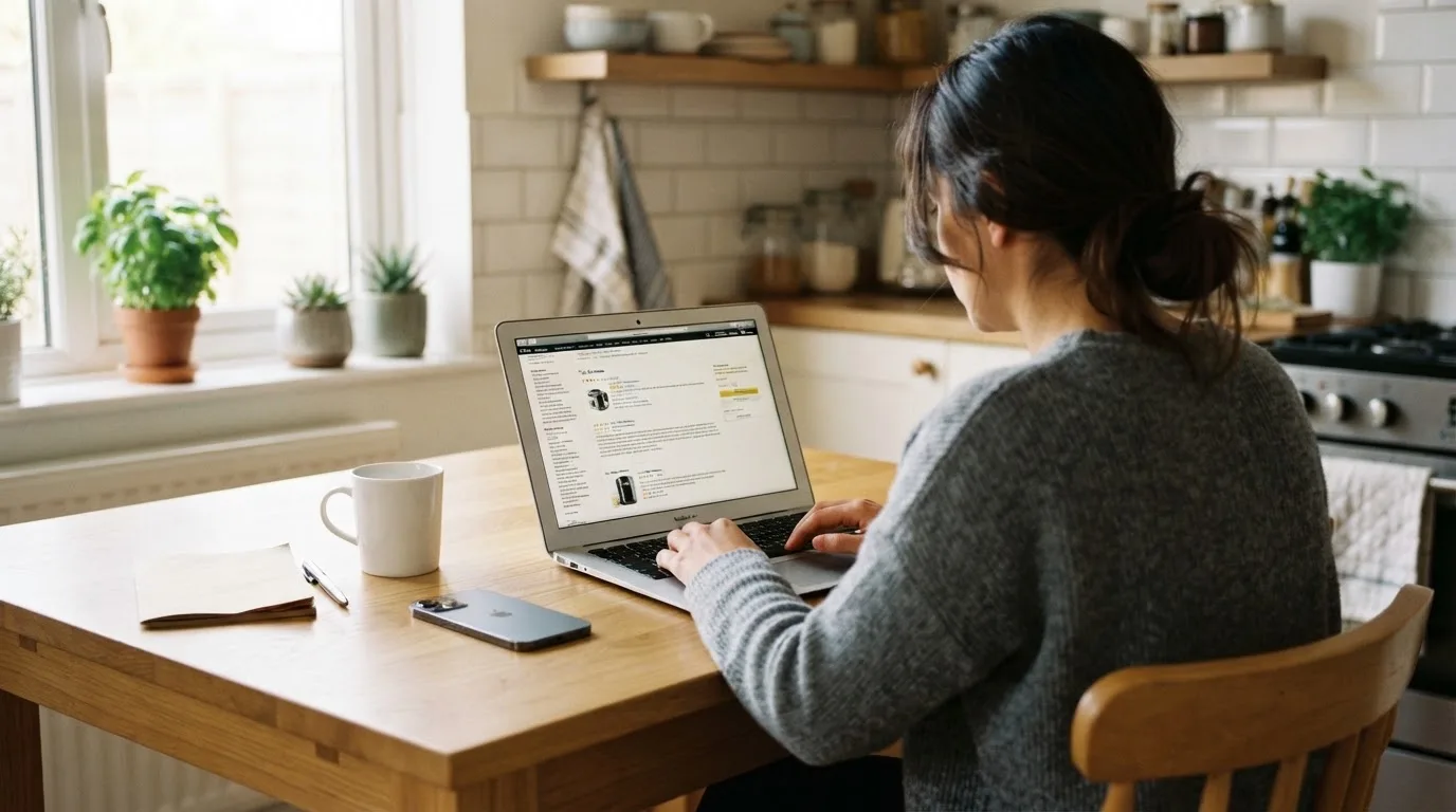 A person at a kitchen table scrolling through review pages on a laptop, phone face-down beside them.