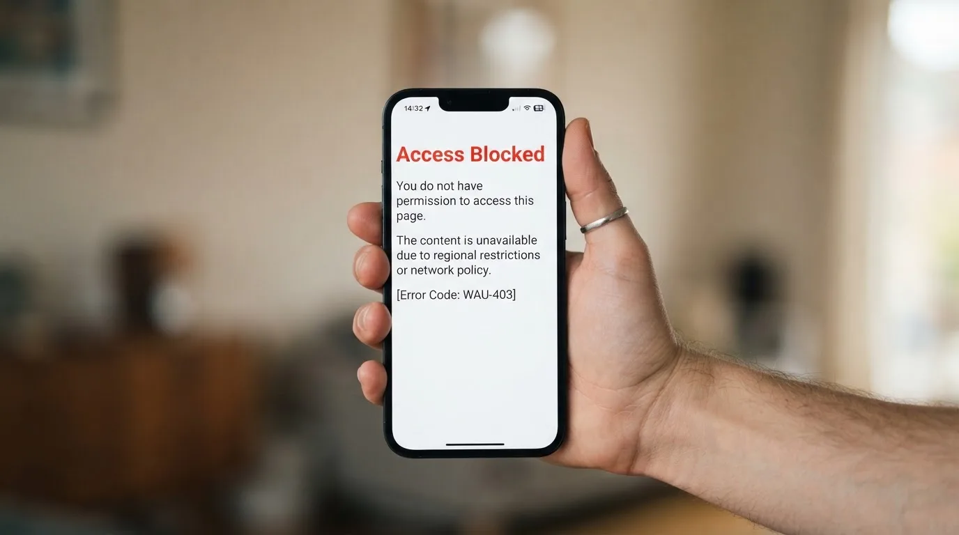 A smartphone screen showing a plain government warning notice about a blocked website, held against a blurred background.