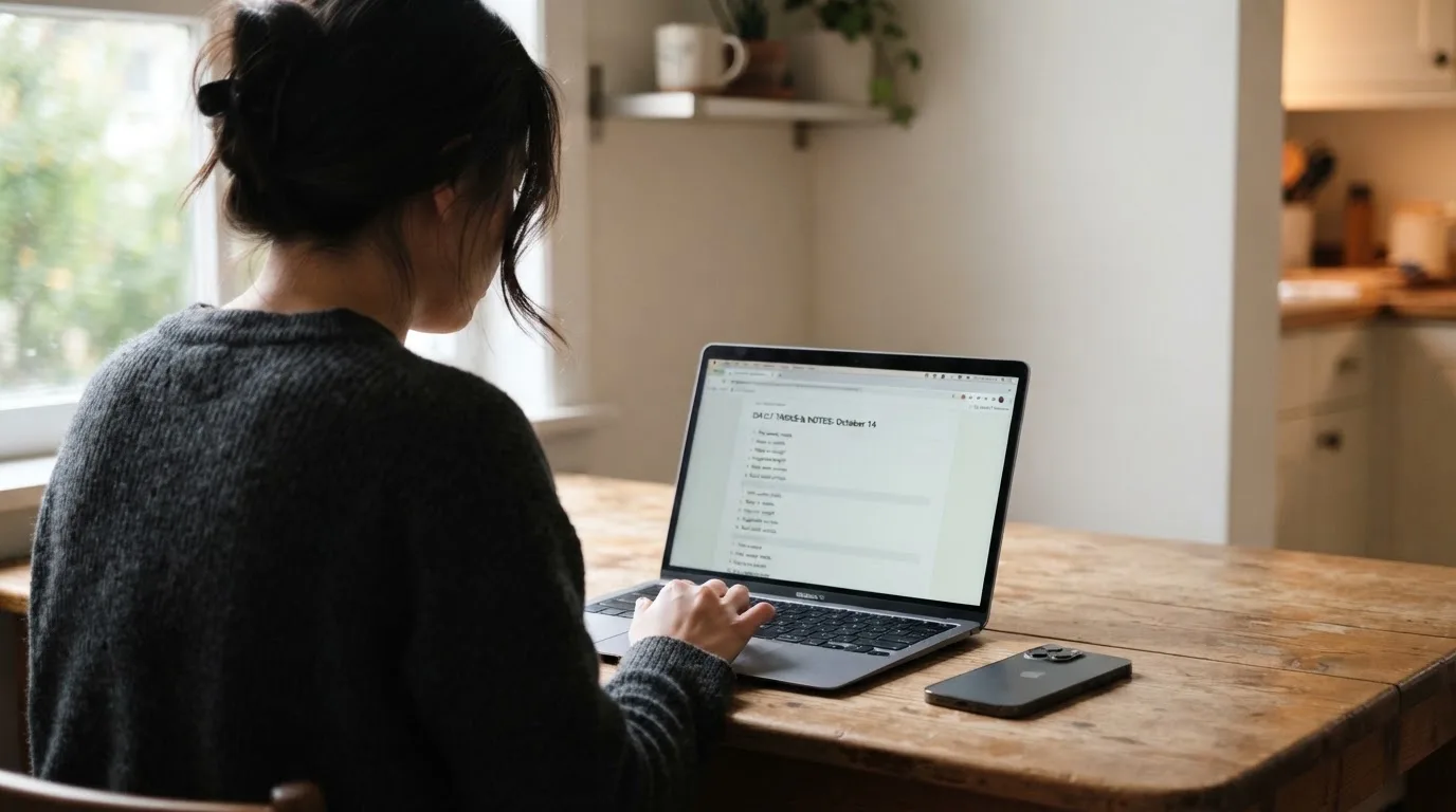 A person at a kitchen table scrolling through review pages on a laptop, phone face-down beside them.