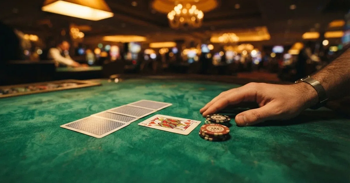 A close-up of a green felt gaming table with cards and chips mid-hand.