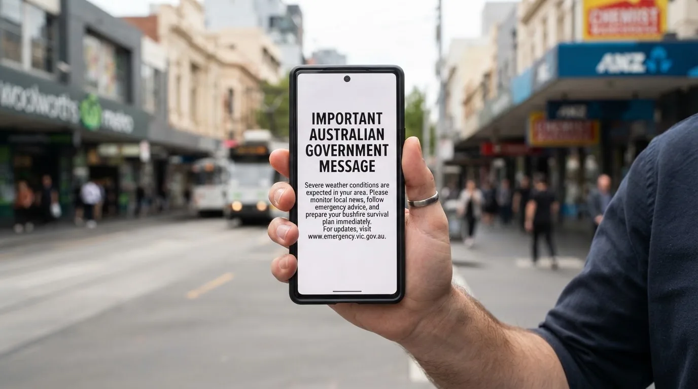 A smartphone screen showing a plain government warning notice about a blocked website, held against a blurred background.