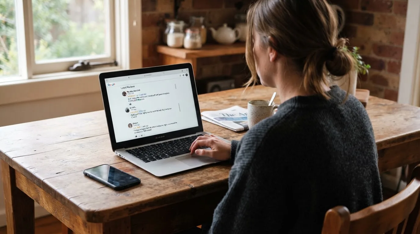 A person at a kitchen table scrolling through review pages on a laptop, phone face-down beside them.