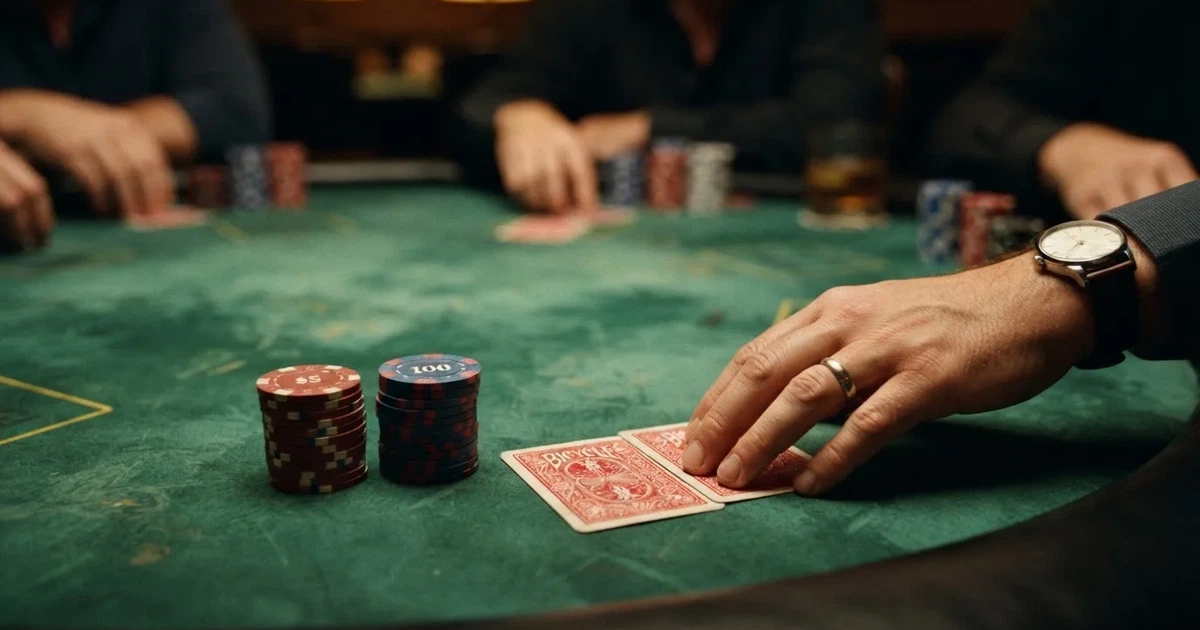A close-up of a green felt gaming table with cards and chips mid-hand.