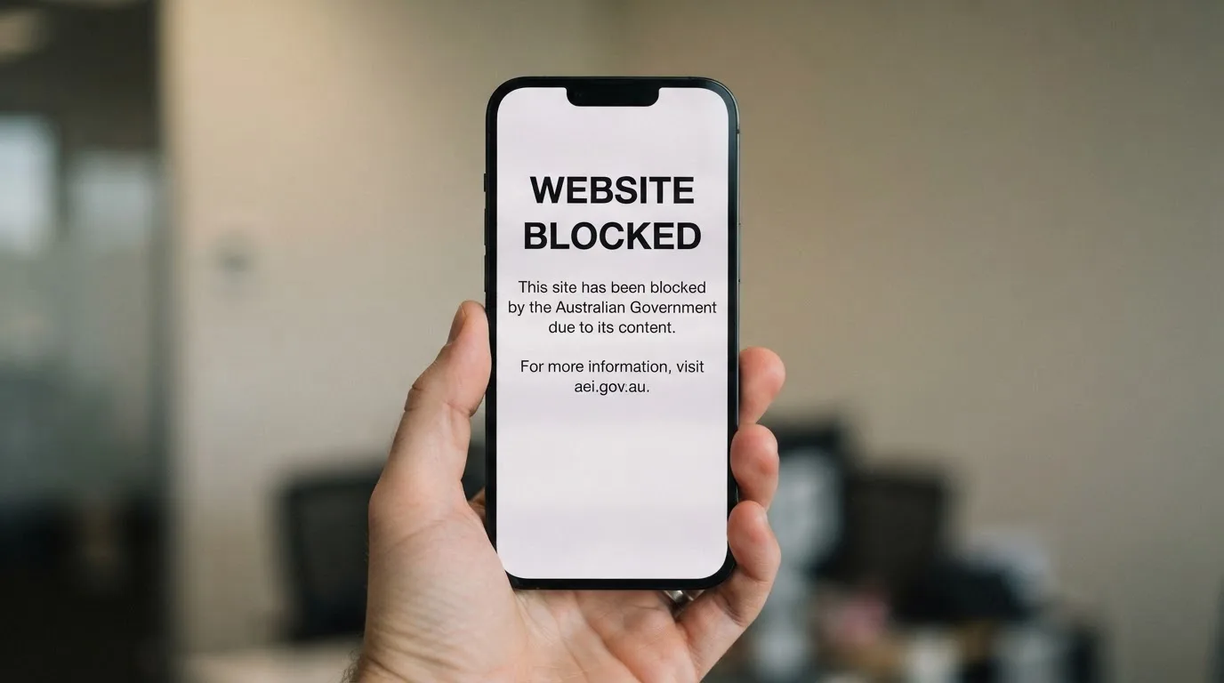 A smartphone screen showing a plain government warning notice about a blocked website, held against a blurred background.