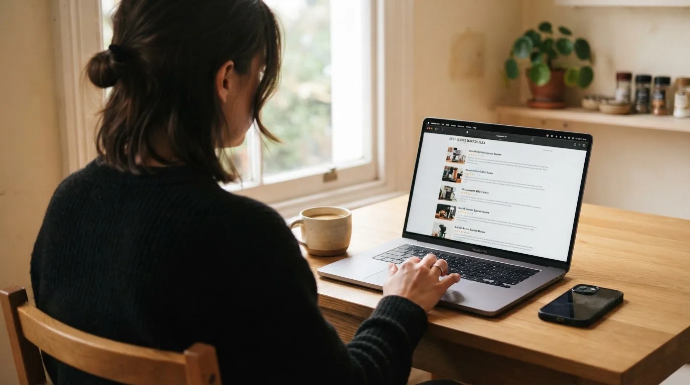 A person at a kitchen table scrolling through review pages on a laptop, phone face-down beside them.