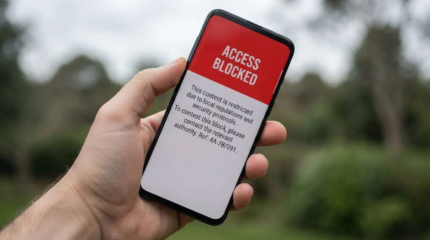 A smartphone screen showing a plain government warning notice about a blocked website, held against a blurred background.