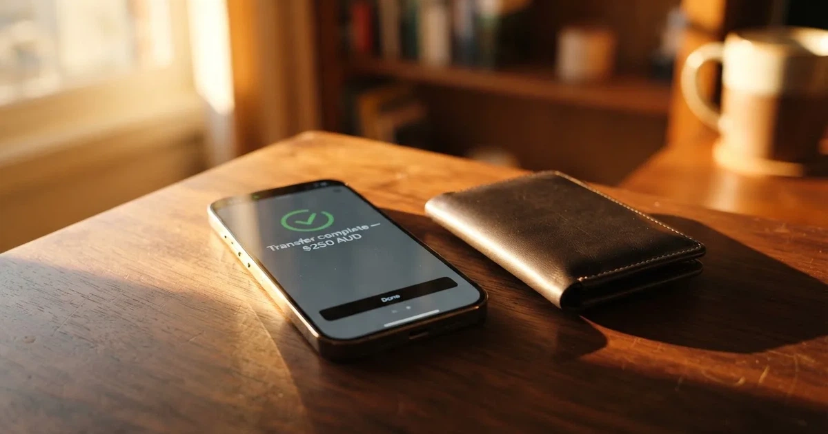 A phone screen showing a bank transfer confirmation, held next to a wallet on a table.
