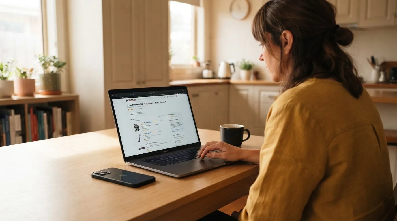 A person at a kitchen table scrolling through review pages on a laptop, phone face-down beside them.