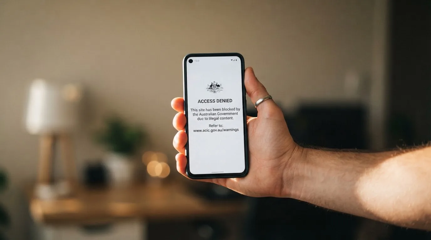 A smartphone screen showing a plain government warning notice about a blocked website, held against a blurred background.