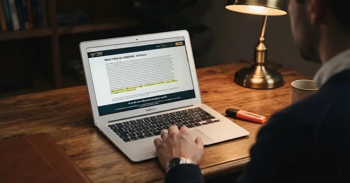 A laptop screen showing a page of terms and conditions text with a highlighter resting nearby.