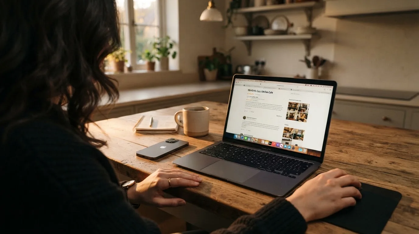 A person at a kitchen table scrolling through review pages on a laptop, phone face-down beside them.