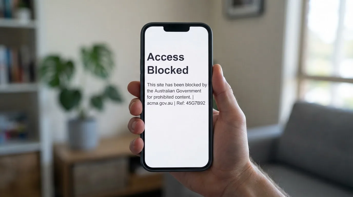 A smartphone screen showing a plain government warning notice about a blocked website, held against a blurred background.