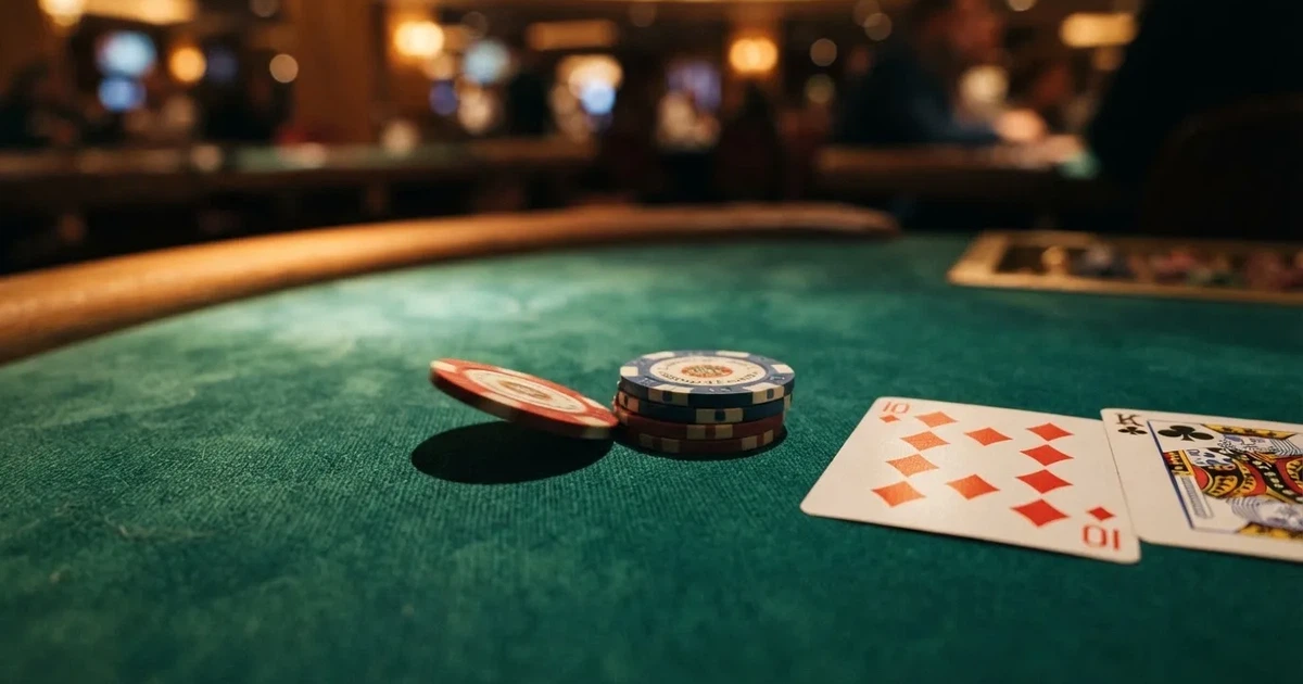 A close-up of a green felt gaming table with cards and chips mid-hand.
