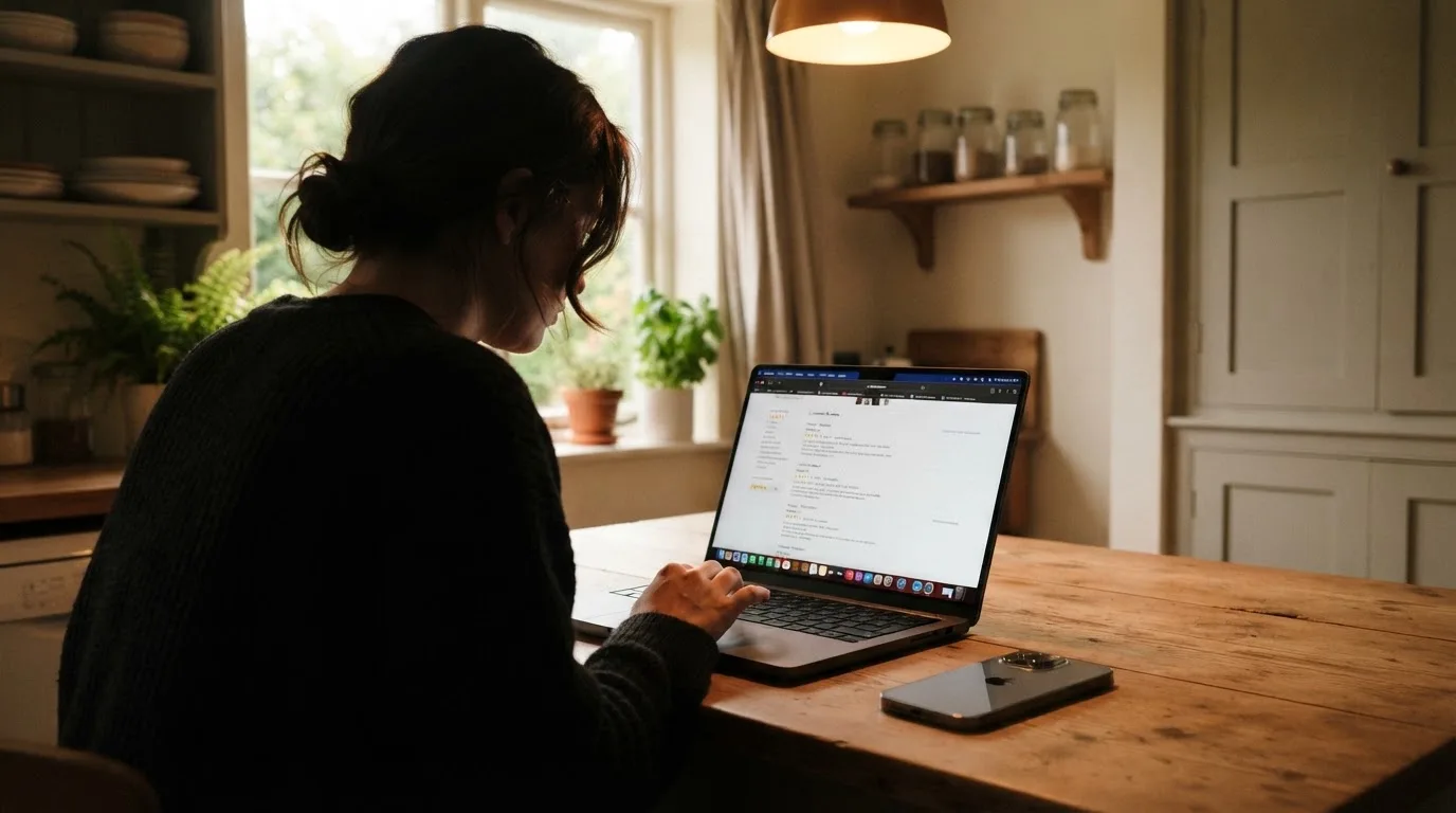 A person at a kitchen table scrolling through review pages on a laptop, phone face-down beside them.