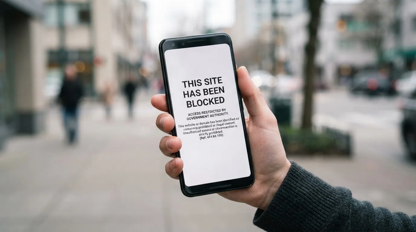 A smartphone screen showing a plain government warning notice about a blocked website, held against a blurred background.