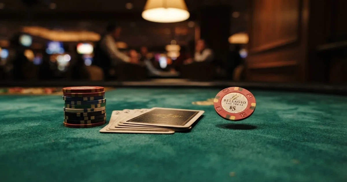 A close-up of a green felt gaming table with cards and chips mid-hand.