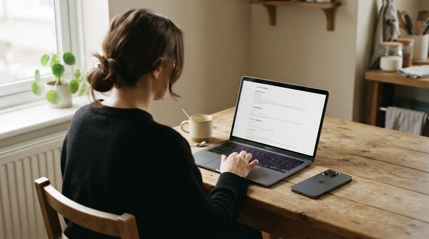 A person at a kitchen table scrolling through review pages on a laptop, phone face-down beside them.