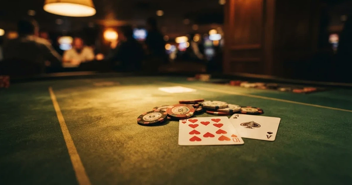 A close-up of a green felt gaming table with cards and chips mid-hand.