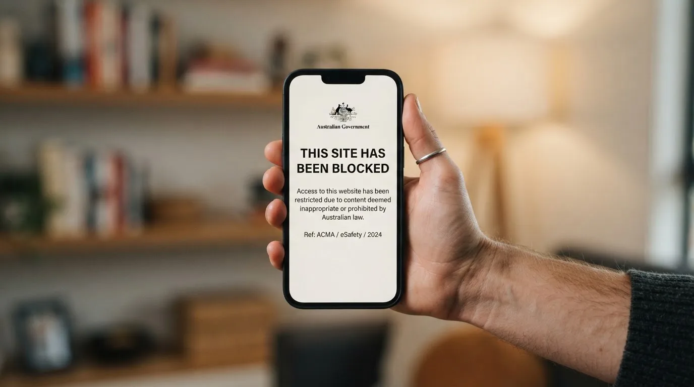A smartphone screen showing a plain government warning notice about a blocked website, held against a blurred background.