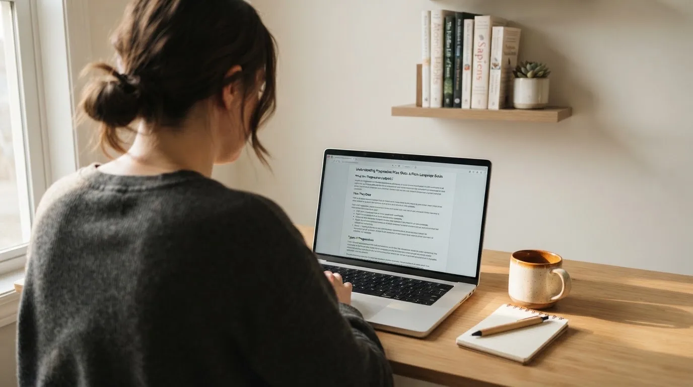 A person at a laptop reading a plain-language explainer article at a home desk.