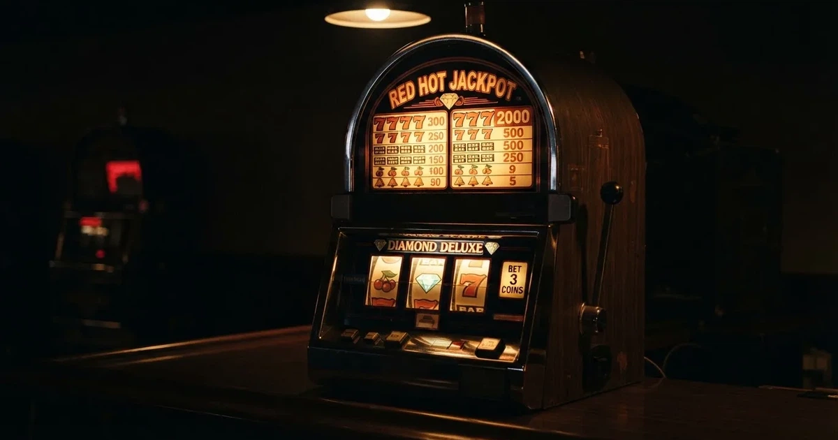 A slot machine's paytable screen glowing on a monitor in a dim room.