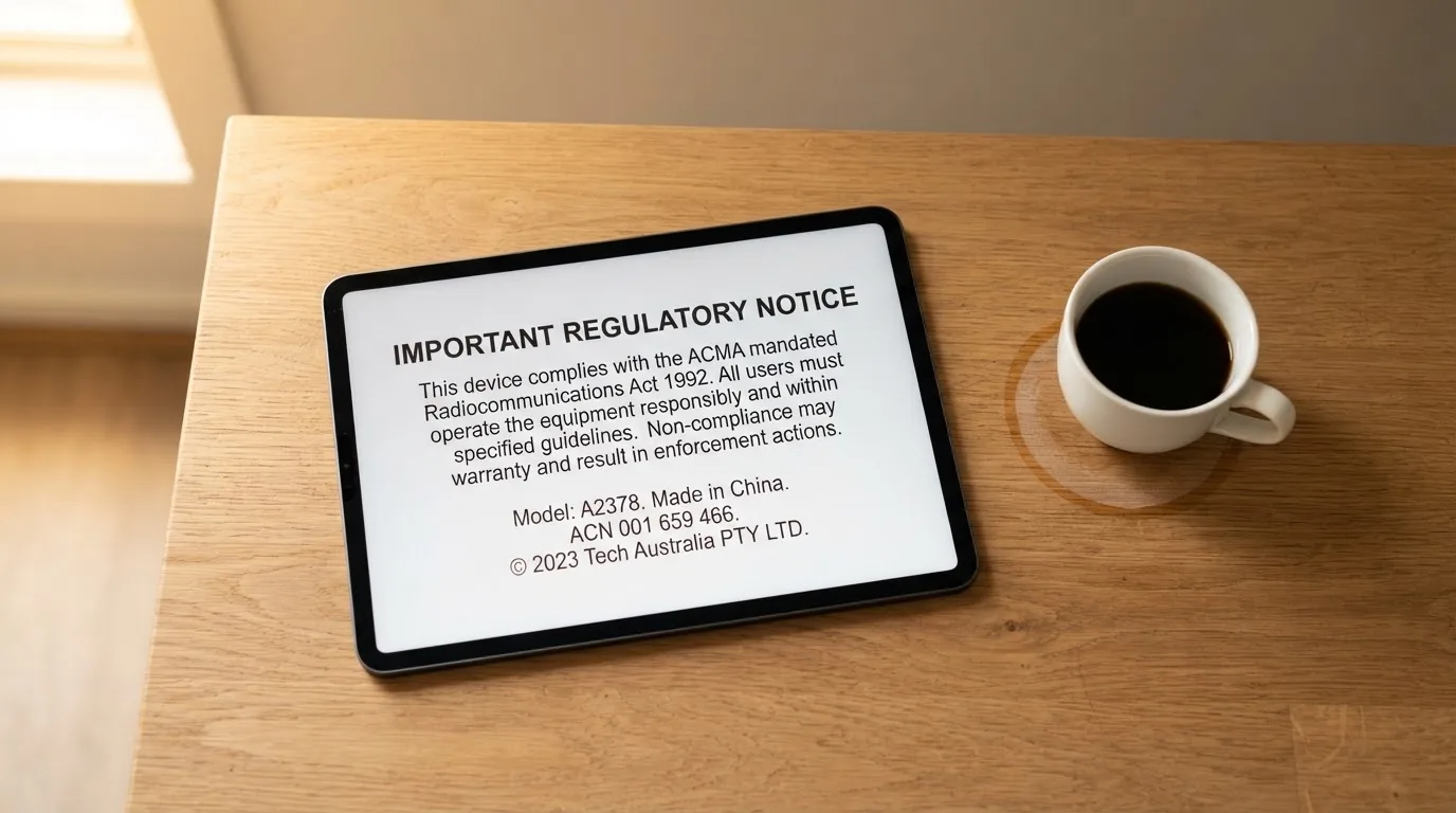 A tablet screen displaying an official regulator warning notice on a desk beside a coffee cup.