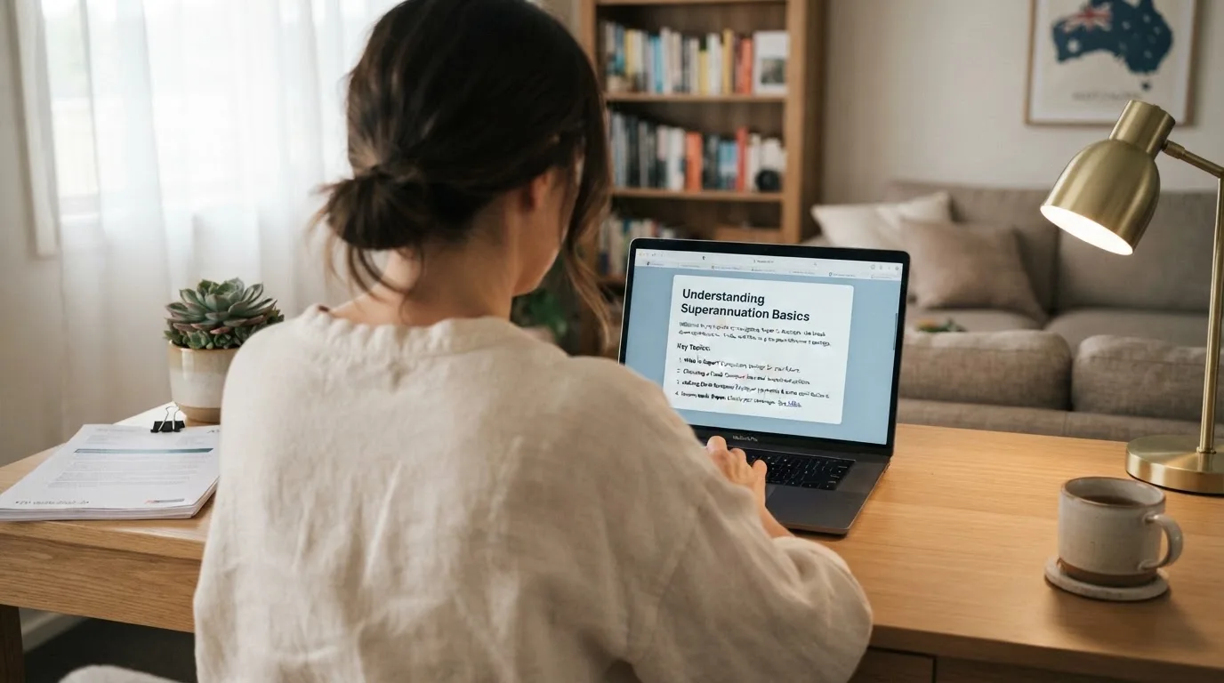 A person at a laptop reading a plain-language explainer article at a home desk.
