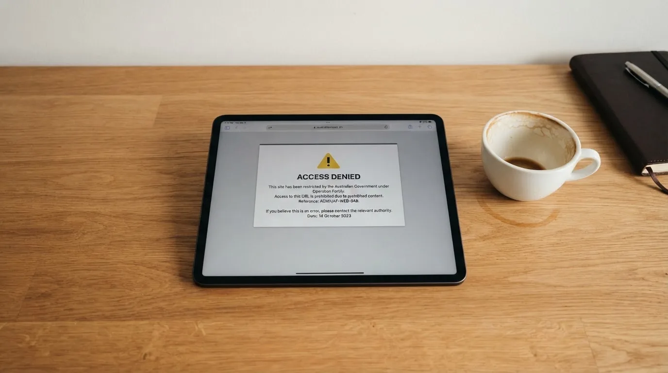 A tablet screen displaying an official regulator warning notice on a desk beside a coffee cup.