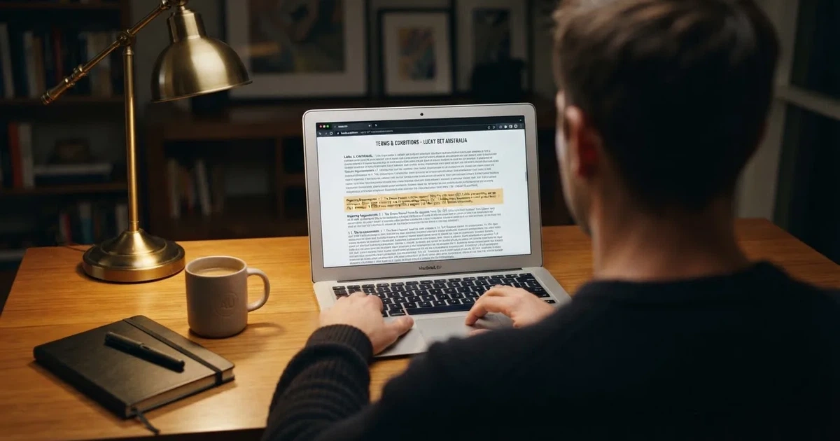 A laptop screen showing a terms-and-conditions page with wagering requirements highlighted.