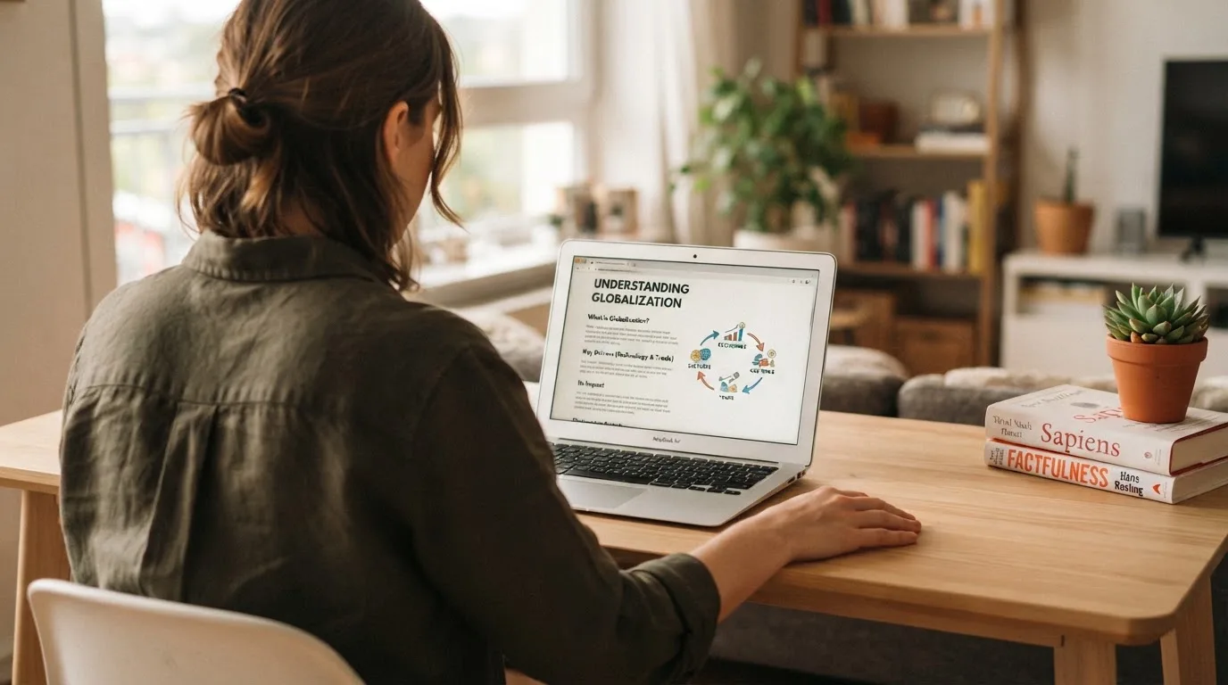 A person at a laptop reading a plain-language explainer article at a home desk.