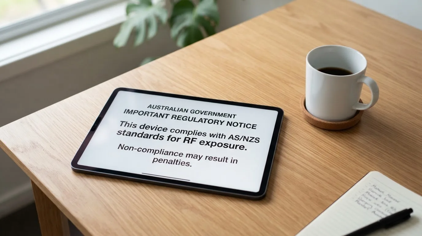A tablet screen displaying an official regulator warning notice on a desk beside a coffee cup.