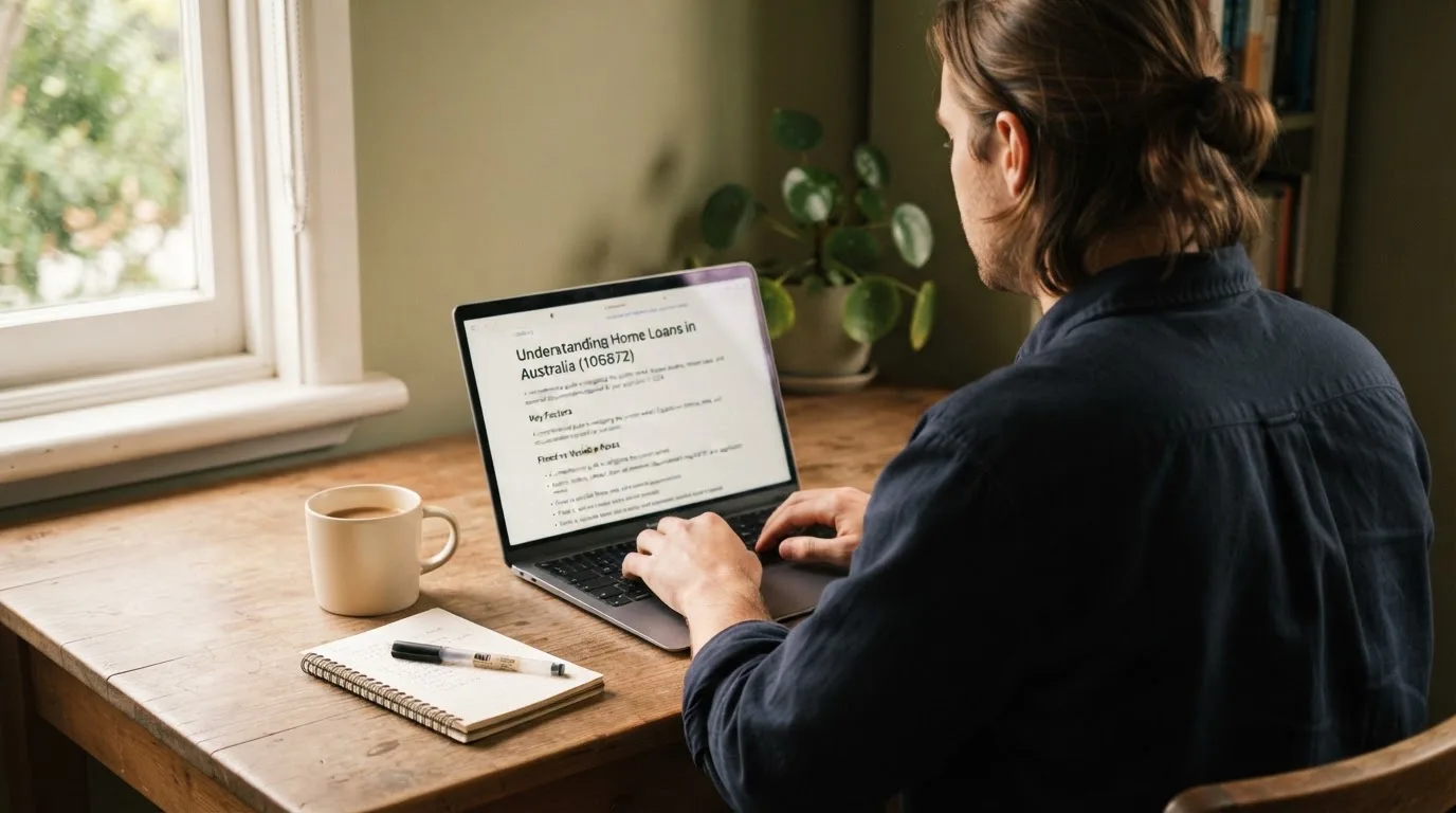 A person at a laptop reading a plain-language explainer article at a home desk.