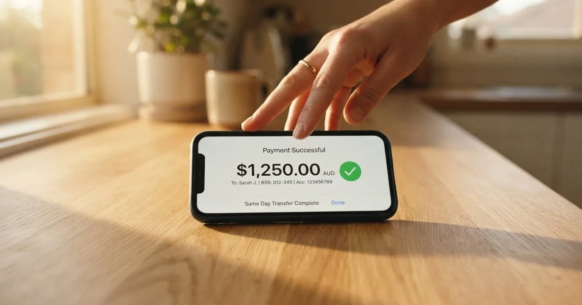 A close-up of a banking app on a smartphone showing a same-day transfer confirmation on a kitchen table.